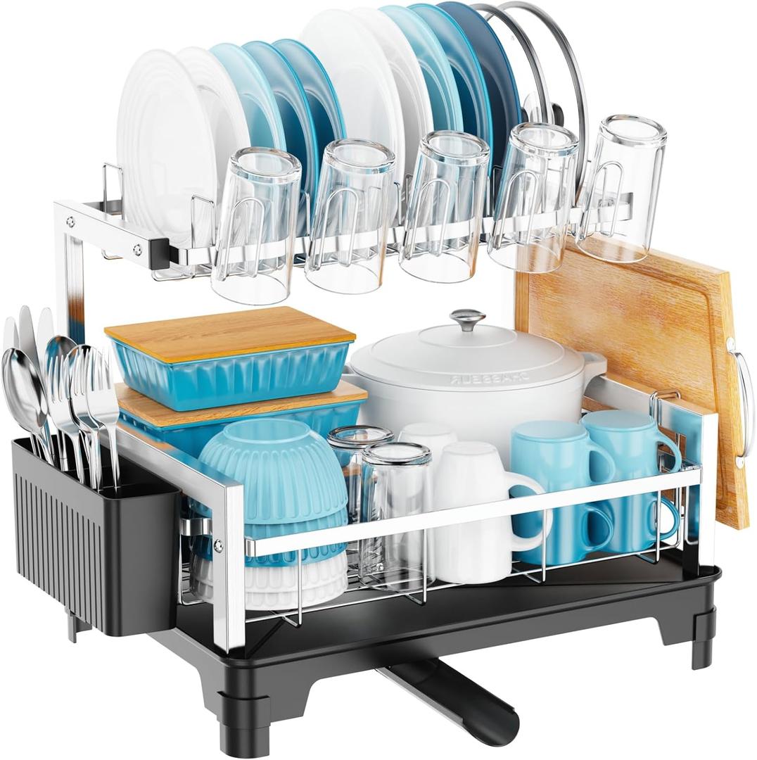 GSlife Dish Drying Rack for Kitchen Counter - Stainless Steel 2 Tier Dish Drainer with Cutting Board, Cup Holder and Utensil Holder, Auto Drain, 21" L x 12.6" W x 15.1" H, Silver