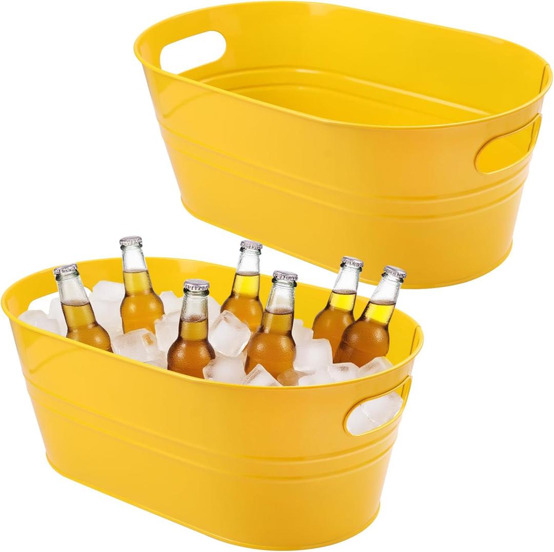 2 PCS 15.3 x 9 x 6 inches Yellow Metal Galvanized Tub with Handles, 3 Gallon Galvanized Beverage Tubs for Parties, Large Metal Drink Ice Buckets for Beer, Cocktails & Outdoor Events