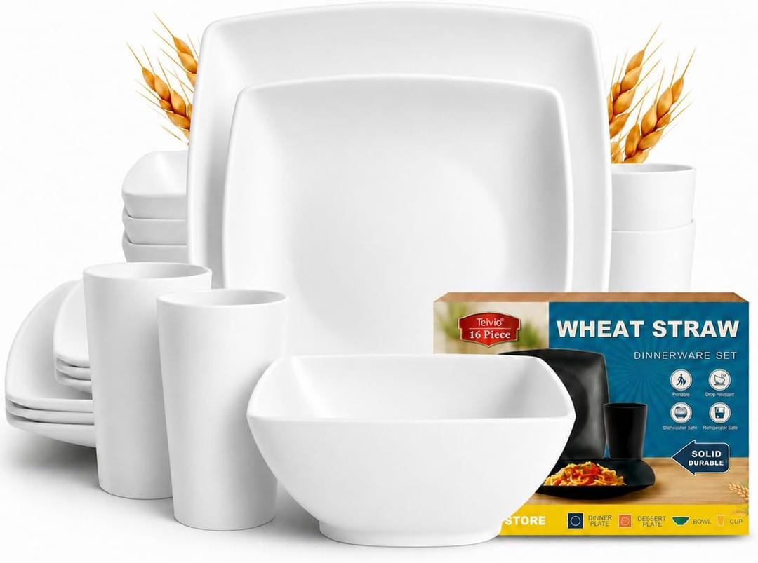 Teivio 40-piece Plastic Wheat Straw Square Dinnerware Set for 4, Unbreakable Dinner Plates, Salad/Tidbit Plates, Snack/Fruit Bowls, Tumblers 13.5oz, Flatware, Dishwasher Safe Outdoor RV Dishes, White