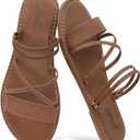 katliu Women's Strappy Flat Sandals Round Toe Slide Sandals Casual Summer Sandals, 8