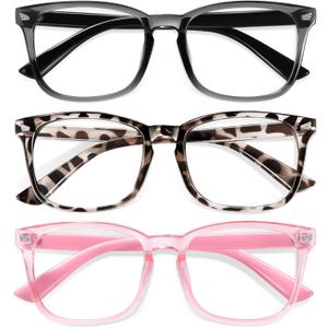 Okany Blue Light Glasses for Kids 3 Pack Blue Light Blocking Glasses for Girls Boys Computer Gaming Screen Glasses, Anti Glare Eyestrain Teen Fashion Glasses Age 3-10 (Grey Black+Leopard+Pink)