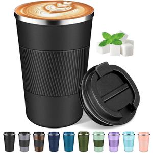 Coffee Travel Mug 12 oz & 17 oz Insulated Coffee Mug with Lid Portable Spill-Proof Coffee Travel Mug No Handle Reusable Stainless Steel Mug Keeps Cold and Hot Suitable for Car, Daily, Travel and Gifts (Black)