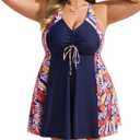 Hanna Nikole Women's Tankini Swimsuit Plus Size Color Block Tummy Control Swimdress Elegant Bathing Suit with Boyshort (Navy Blue/ Red Leaves)