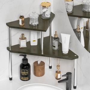 Weenson Bathroom Counter Organizer Corner Shelf - 2 Tier Bathroom Organization Bamboo Bathroom Sink Shelf Kitchen Countertop Organizer Adjustable Free-Standing Counter Storage Shelf(Antique)