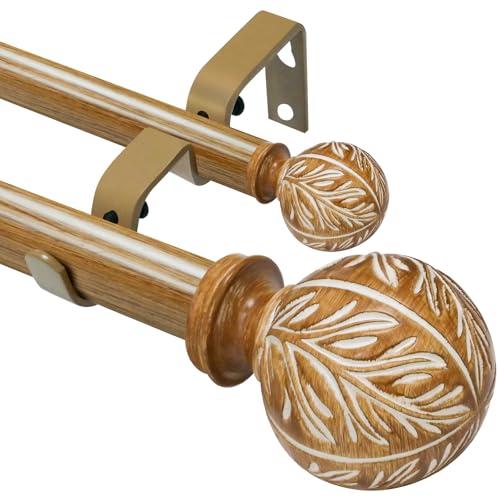 Wood Double Curtain Rods for Windows 28 to 48 inches:Farmhouse Decorative Metal Double Curtain Rod for Bedroom Living Room,Heavy-Duty Adjustable Rustic Drapery Rods with Imitation Wood Grain Finials