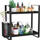 LEMIKKLE Bathroom Organizer Countertop, Counter Organizer for Bathroom Decor, Wooden Sink Shelf for Vanity Storage, Makeup Tray for Perfume Skincare Bedroom Kitchen Corner (Black)