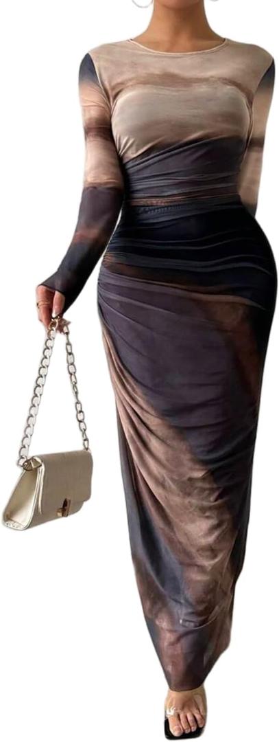 LIGHT DOT Women's Printed Bodycon Maxi Dress Long Sleeve Tie Dye Mesh Ruched Cocktail Dress (Large, Purple Brown)