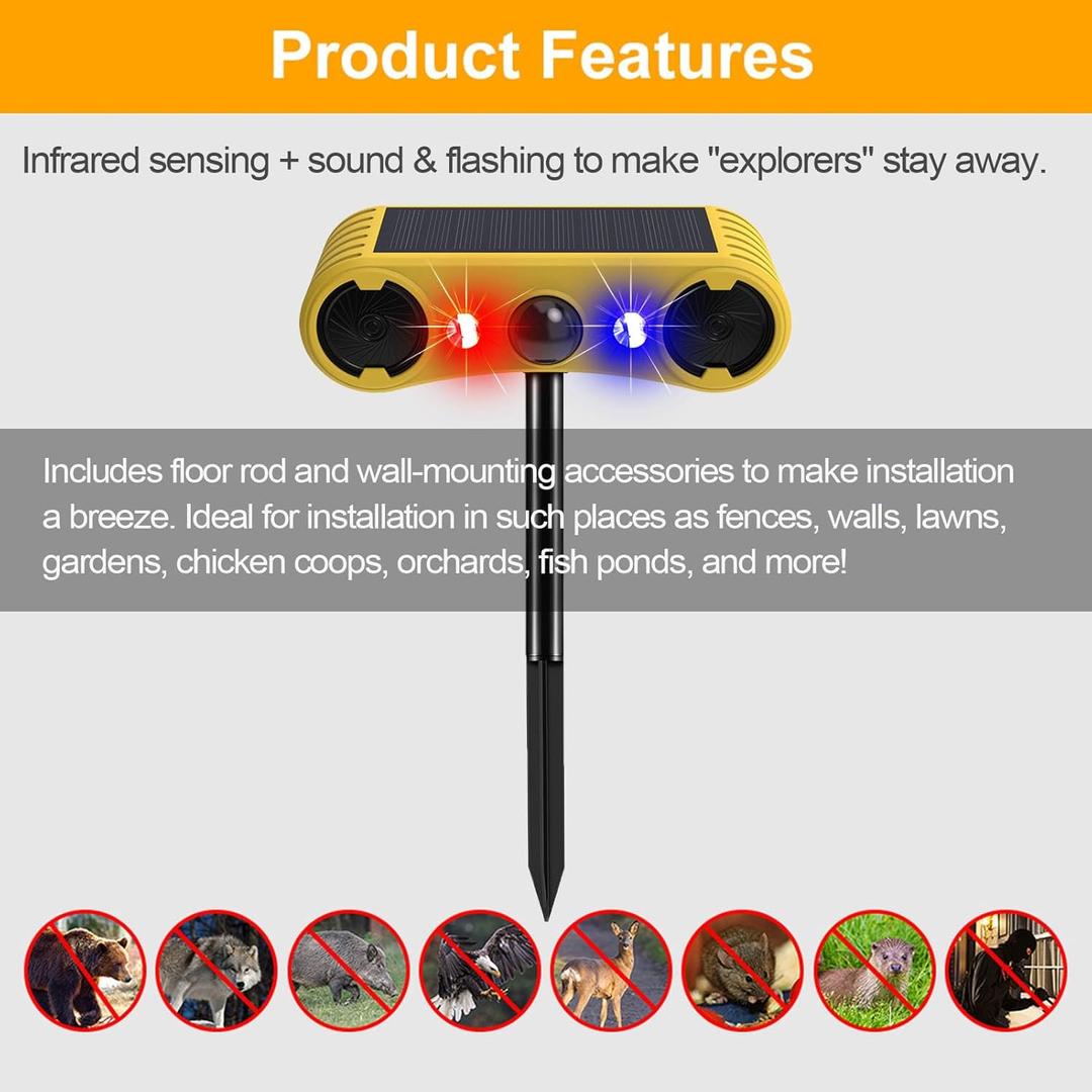 HULPPRE Solar Outdoor Motion Sensor Alarm-13 Sounds Including Dog Barking&Gunshot,2 * 130db Loud Noise Maker,4 Modes,Red&Blue Motion Activated Strobe Light,Say Goodbye to The Intruders