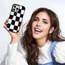 KANGHAR for iPhone 16 Pro Case Checkered Aesthetic Cute Pattern Shockproof Full Body Protection for Girls Women -Black