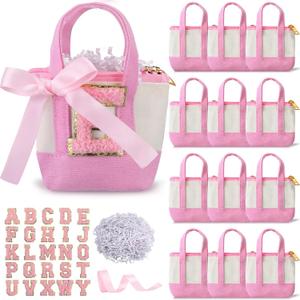 12 Pcs Teacher Appreciation Gift Bags DIY Mini Canvas Tote Bags with Alphabet Stickers Ribbon Raffia Back to School Thank You Gift for Women Tiny Pouch Accessories(Classic,Pink), Small