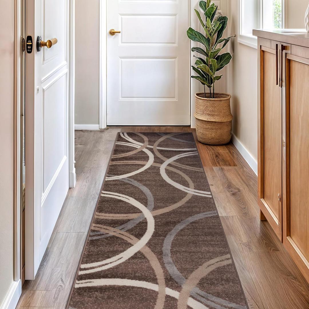 Rugshop Modern Wavy Circles Design Runner Rug, Carpet with Jute Backing for Hallway, Entryway, or Kitchen, Brown, 2'7" x 8' Rugshop Modern Wavy Circles Design Runner Rug, Carpet with Jute Backing for Hallway, Entryway, or Kitchen, Brown, 2'7" x 8'