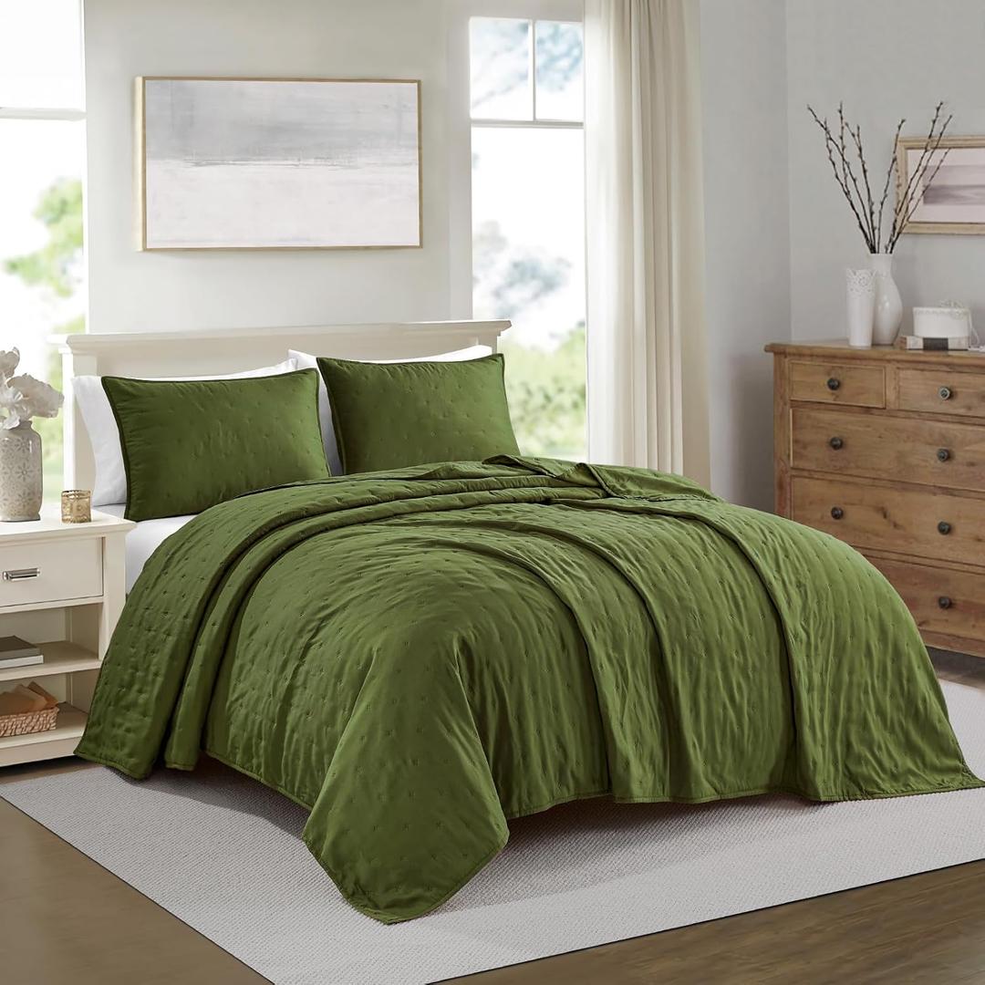 BOURINA Ultrasonic Quilt Set 3-Piece King/CK Bedding Set Pre-Washed Microfiber Ultra Soft Lightweight Star Bedspread Coverlet Set for All Season, Dark Green