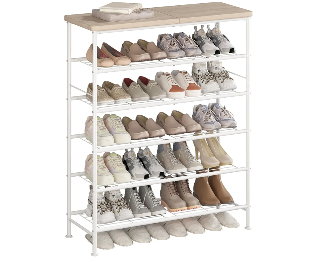SUOERNUO Shoe Rack Organizer 6 Tier for Closet Entryway Free Standing Metal Storage Shoe Shelf with MDF Top Board，White+Oak