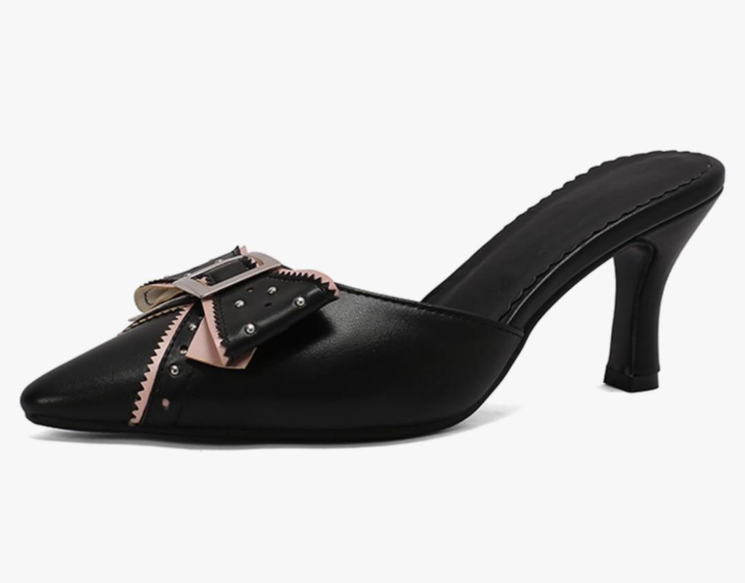 Women's Black Heels, Elegant Bow Pointed-Toe Heels, Sexy Vintage Studded Kitten Heels, Dress Party Wedding Work Backless Mule Pumps Size 41