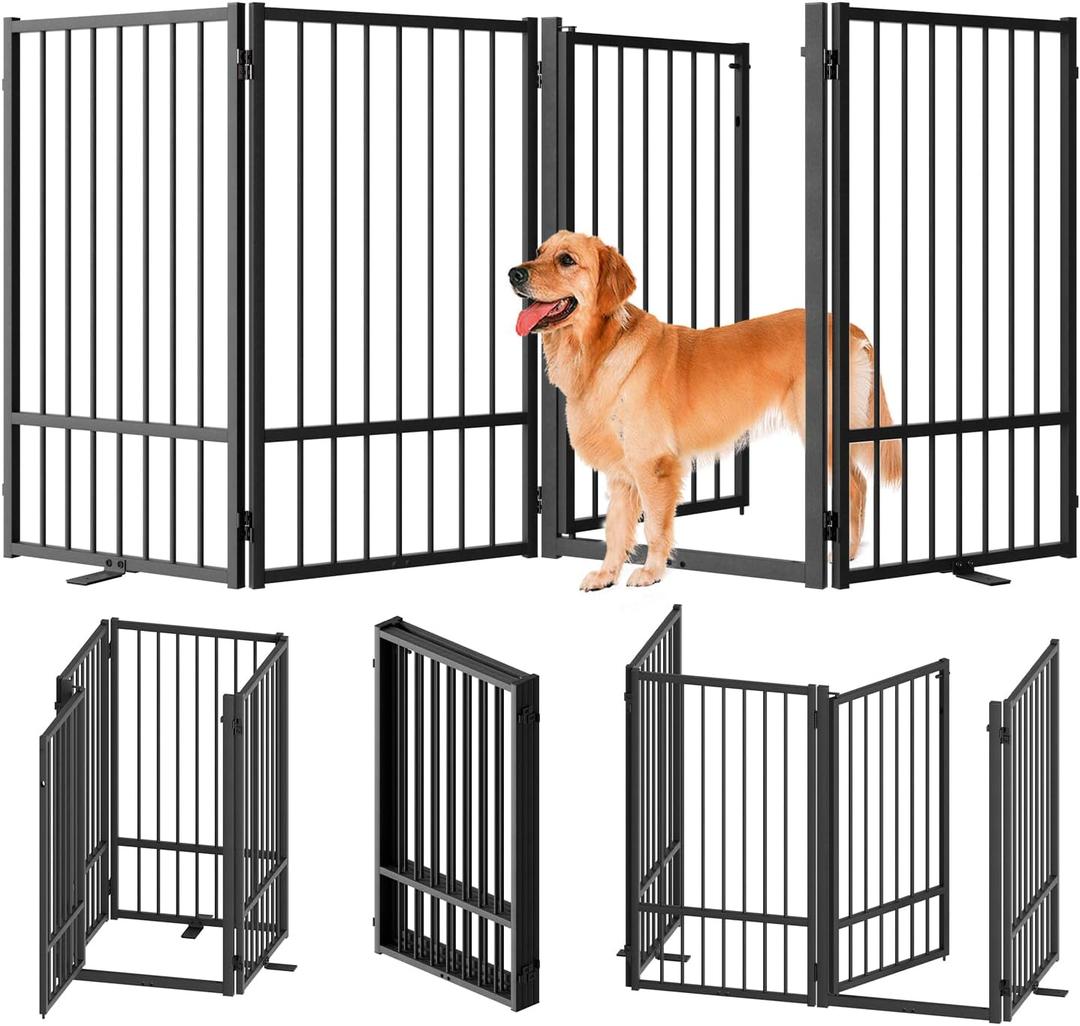 SNUOWU Full Metal Freestanding Dog Gate with Door, 36''Height Foldable Pet Dog Fence for Indoor & Outdoor, 4 Panels Extra Wide Free Standing TallDog Gates for Doorways,House,Stairs,Porch,Deck,Yard (Black)