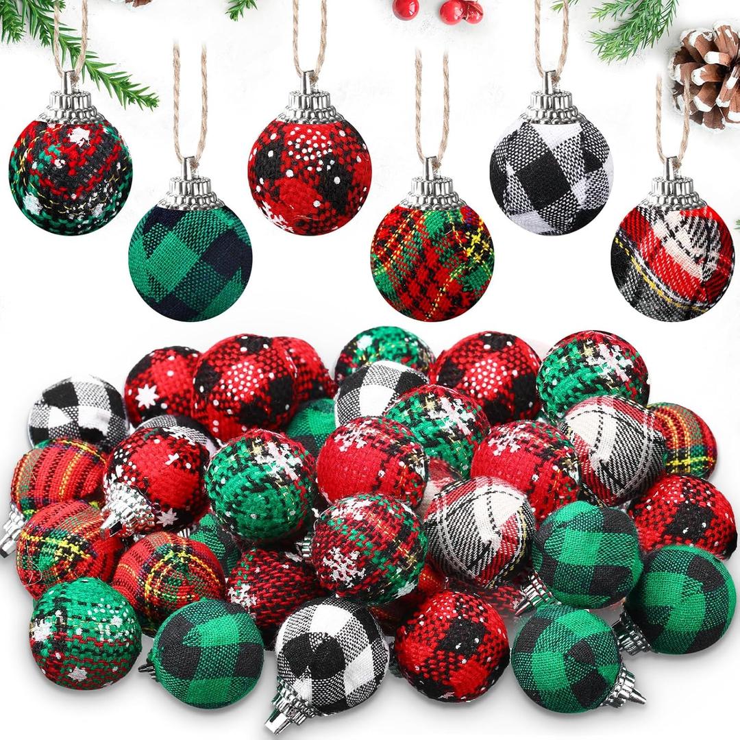 Breling 36 Pcs Mini Christmas Ball Small Christmas Buffalo Plaid Ornaments Set 1 Inch Black Red and Green Miniature Shatterproof Rustic Farmhouse Fabric Ball Ornaments for Mini Tree Xmas Party Decor