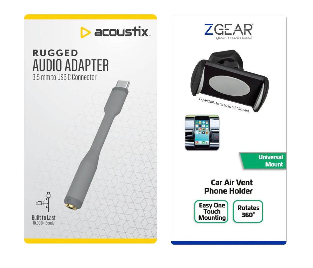 Set of 2, ACOUSTIX RUGGED AUDIO ADAPTER 3,5mm to USB C Connector And ZGEAR Car Air Vent Phone Holder