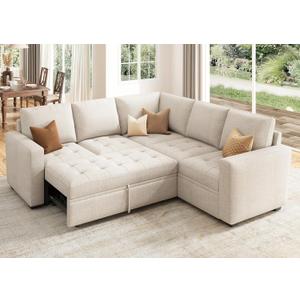 HONBAY Modular Sectional Sleeper Sofa with Pull Out Bed, Rearrangeable L Shaped Couch with Storage Seat, Sectional Couches for Living Room,Beige