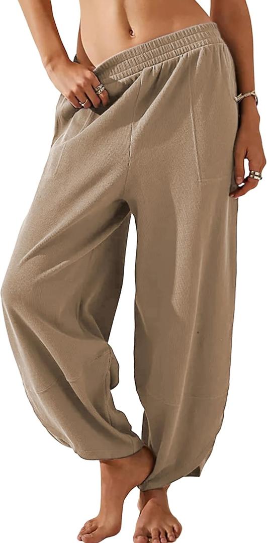 Himosyber Women Cotton Pants Wide Leg Pants Casual Loose Baggy Elastic Waist Beach Palazzo Harem Pants (Brown, M)