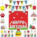 Cartoon Dog Red House Birthday Party Decorations Cute Dog Red House Happy Birthday Backdrop Banner Hanging Swirls Ceiling Decor Cute Paw Puppy Theme Cake Cupcake Toppers for Cartoon Party Supplies