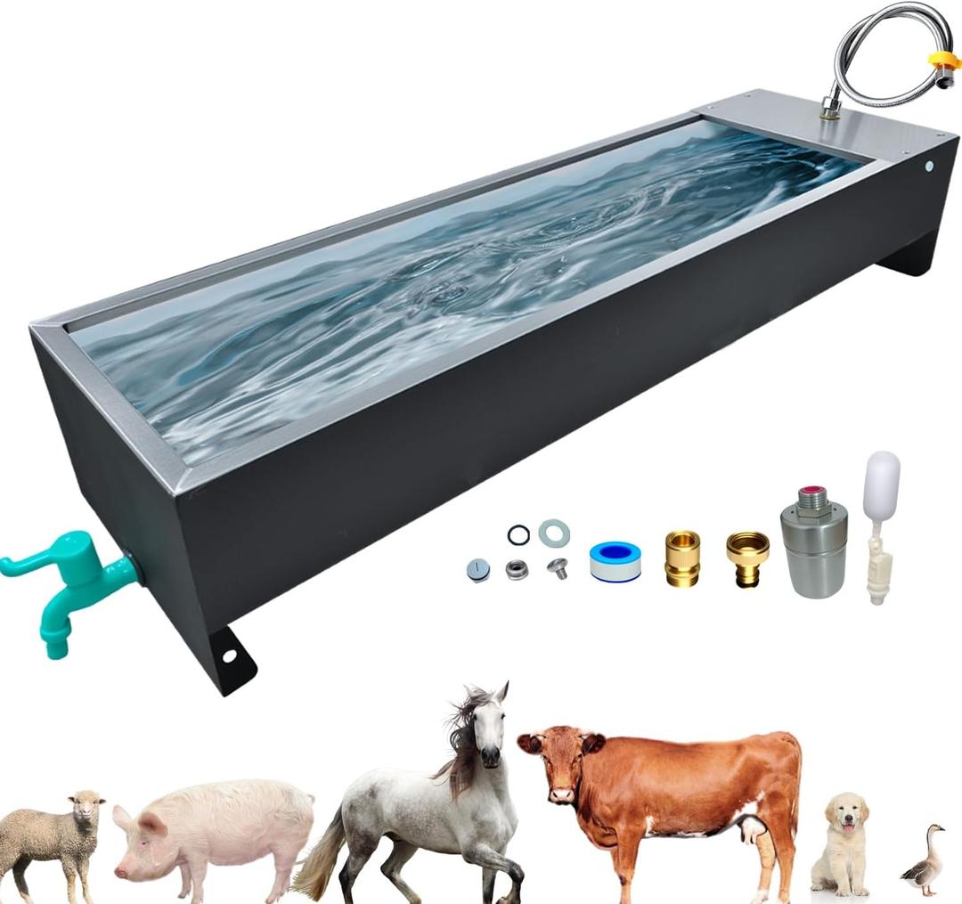 Automatic Livestock Water Trough Animal Stainless Steel Larger Automatic Waterer with Float Valve Kit for Goat Cattle Horse Hog Pigs Dog Water Dispenser Outdoor, 39.5"*11.8"*7.8",12 Gallons