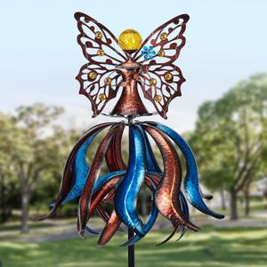Kircust Solar Wind Spinner, Extra-Large Tulip Garden Windmill Spinners with LED Lighting Solar Powered Glass Ball, Kinetic Metal Sculpture for Outdoor Yard Lawn Patio Decorations (88.7 Inch)