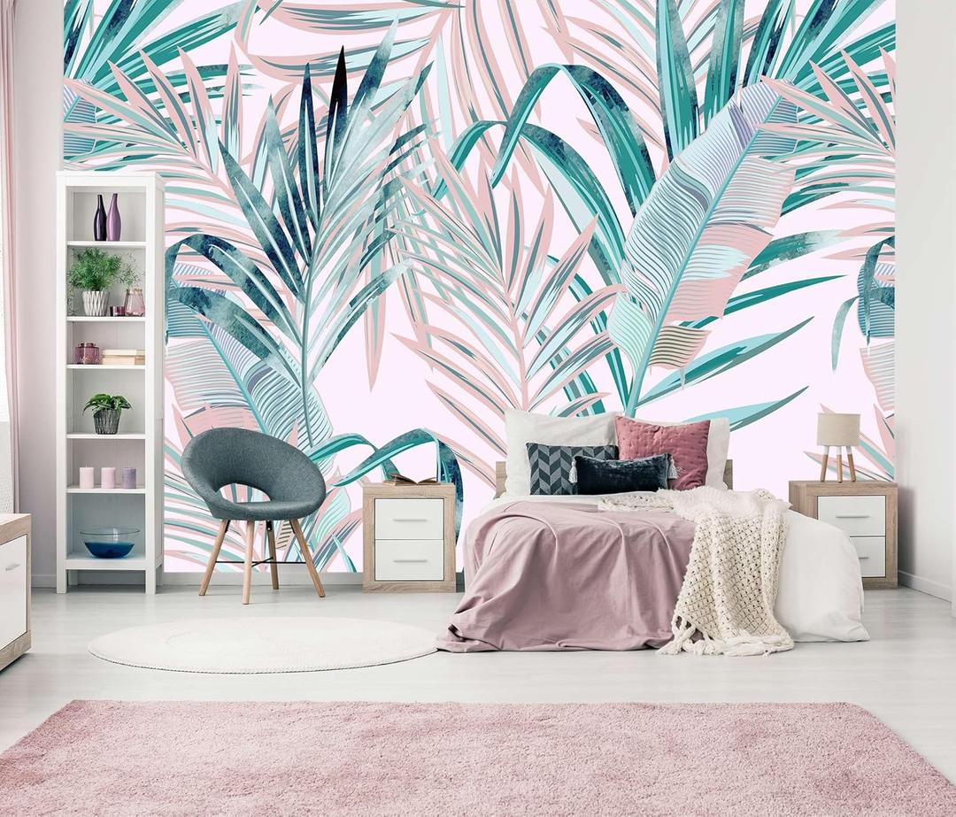 Tropical Pink Palm Leaf Wallpaper Girls Bedroom Colorful Plant Leaves Wall Mural Living Room (Not Peel and Stick) (170" x 110", Art Wall-75)