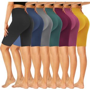 GROTEEN 7 Pack High Waisted 8'' Biker Shorts for Women - Buttery Soft Black Workout Yoga Running Spandex Yoga Shorts (7 Pack Black/Gray/Navy/Rose Pink/Purple/Yellow/Dark Green) Large to X-Large 