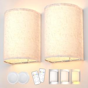 PRTILOUD Battery Operated Wall Sconces Set of Two, Rechargeable Wall Lamp with Remote, 3 Colors Dimmable Fabric Wireless Sconces Wall Decor Set of 2 with Timer for Bedroom Living Room