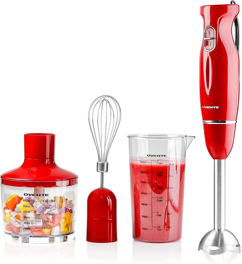 OVENTE Immersion Hand Blender Set, 300W Corded Electric Handheld Stick Mixer, 2 Mixing Speeds with Stainless Steel Blades, Egg Whisk, Beaker & BPA-Free Food Chopper, Red HS565R