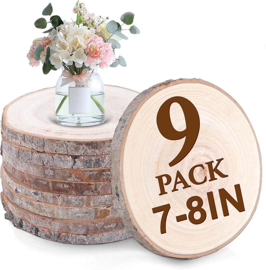 9 Pcs Natural Wood Slices for Centerpieces.7-8 Inch Wood Rounds for Crafts. Wood Circles & Slabs for DIY Painting Crafts,Wood Centerpieces for Tables and Rustic Weddings.Baby Shower centerpieces.