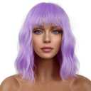 Short Bob Wigs with Bangs for Women Loose Wavy Wig Curly Wavy Shoulder Length Bob Synthetic Cosplay Wig for Girl Colorful Costume Wigs (Purple)