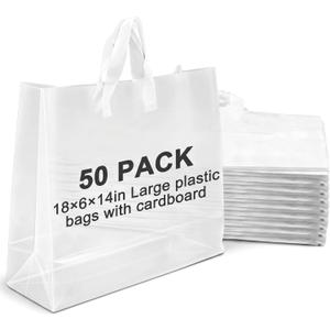 50 Pcs 18" x 14" x 6" Large Plastic Frosted Shopping Gift Bags for Small Business with Handles Reusable Packaging Clear Gift Merchandise Bags for Retail Shops Trade Show