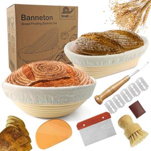 Sourdough Bread Baking Supplies: 9 Inch Round & 10 Inch Oval Banneton Bread Proofing Baskets w/Liner, Bread Lame, Dough Scrapers, Cleaning Brush, Artisan Bread Making Gifts for Bakers