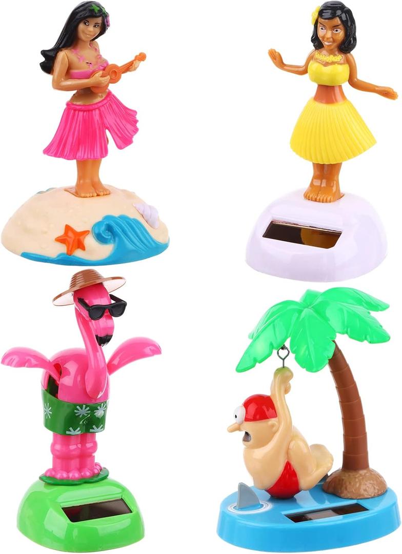 4 Pack Hawaii Girl Solar Powered Dancing Toys Flapping Wings Flamingo Car Shaking Head Dancer Doll Hawaii Toy Swing Figurines Car Windowsill Decor for Car Dashboard Toys Gift Office Desk Decor (Type5)