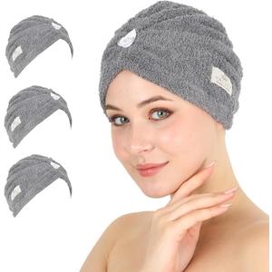 HALLEY Cotton Hair Towel Wrap (3 Packs) Super Absorbent Fast Drying Turbans for Wet Thick Hair with Button (Grey)
