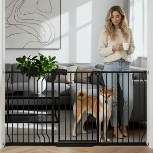 62.2"-71.65" Extra Wide Auto Closing Baby Safety Gate for Stairs & Doorways, Pressure Mounted No Drill Pet Gate with Walk-Through Door - Heavy Duty Childproof Gate for Toddlers, Kids, Dogs (Black)
