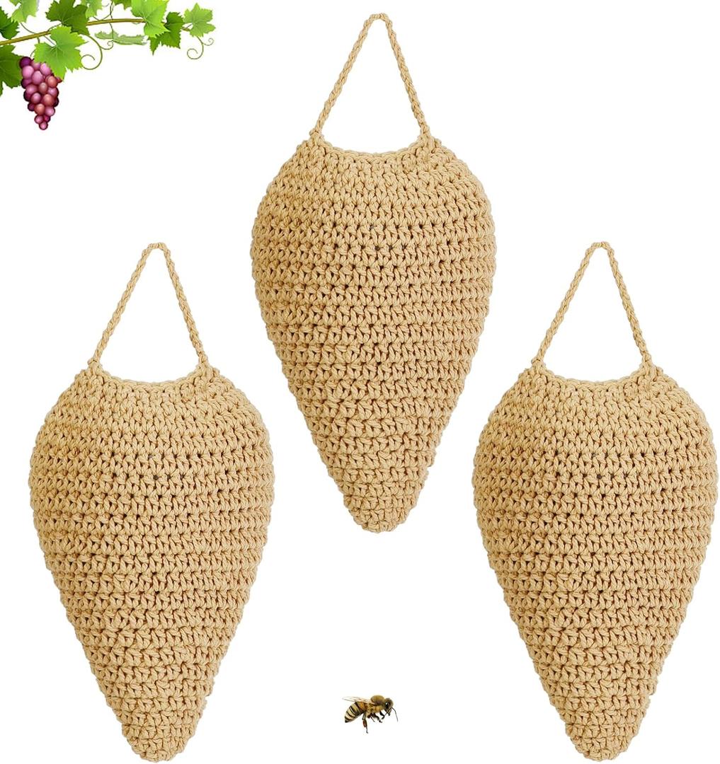 3 Pack Large Crochet Wasp Nest Decoys, Faux Wasp Nest Deterrent for Outdoor Hanging for Wasps Hornets, Hornets Nest Decoy Decoration for Patio and Eaves, Beige