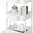 3-Tier Utility Rolling Cart,Mobile Utility Cart with Lockable Caster Wheels,Storage Shelves Organizer Cart, 3 Hanging Baskets, Easy Assembly,for Bathroom, Kitchen, Office, Workshop