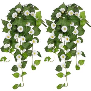 Briful Fake Hanging Flowers 2 Pack 25.6" Artificial Morning Glory Silk Floral Bush Faux Hanging Vine Plants Outdoor Fake Flowers for Home Office Outside Planter Porch Patio Yard Garden Decor(White)