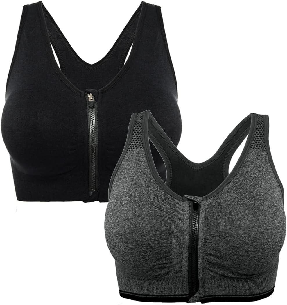 Womens Zip Front Sports Bra Wireless Post-Surgery Bra Padded Strappy Medium Support Yoga Exercise Athletic Bras