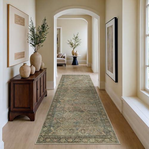 GENIMO Runner Rug 4x5, Non Slip Vintage Hallway Runner Rugs, Low Pile Lightweight Machine Washable Mat for Hallway, Entryway, Bedroom, Kitchen and Corridor, Blue Blush