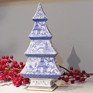 Cynkeyee Christmas Tree Christmas Decorations Indoor - Blue and White Xmas Decorations Gift 12" Vintage Tabletop Holiday Figurine, Chinoiserie Xmas Party Table Decor 6x3x12 Inch