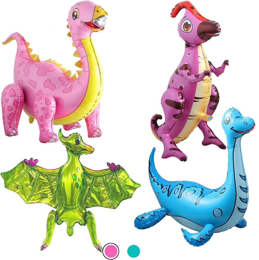 4Pack Giant 3D Dinosaur Balloons for Birthday Party Decorations,Cute Self Standing 3D Dino Aluminium Foil Balloons,Inflatable Animal Balloons for Kids Birthday Party Supplies (Pink)