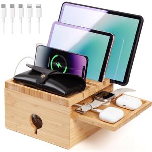 Bamboo Charging Station for Multiple Devices, Nightstand Docking Station with Small Tray -Included 5 Cables, Desktop Wood Charger Organizer, Compatible with Cell Phone, Tablet, Earphones