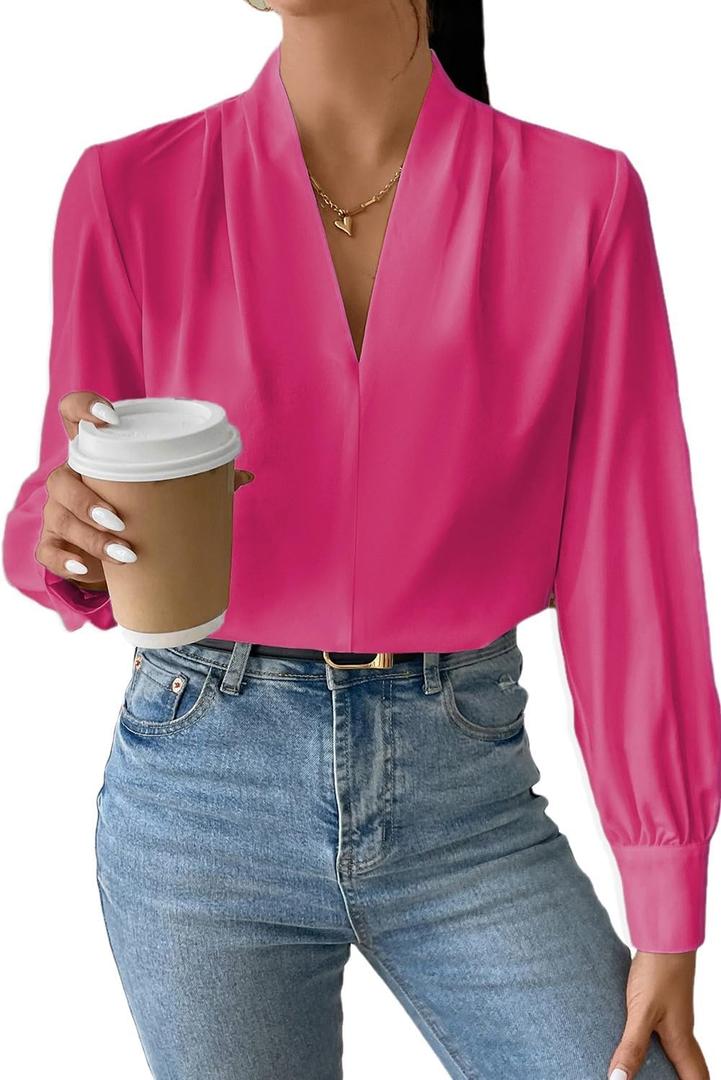 EVALESS Work Blouses for Women Long Sleeve Blouses Business Spring Top Womens V Neck Office Shirts (Pink, L)