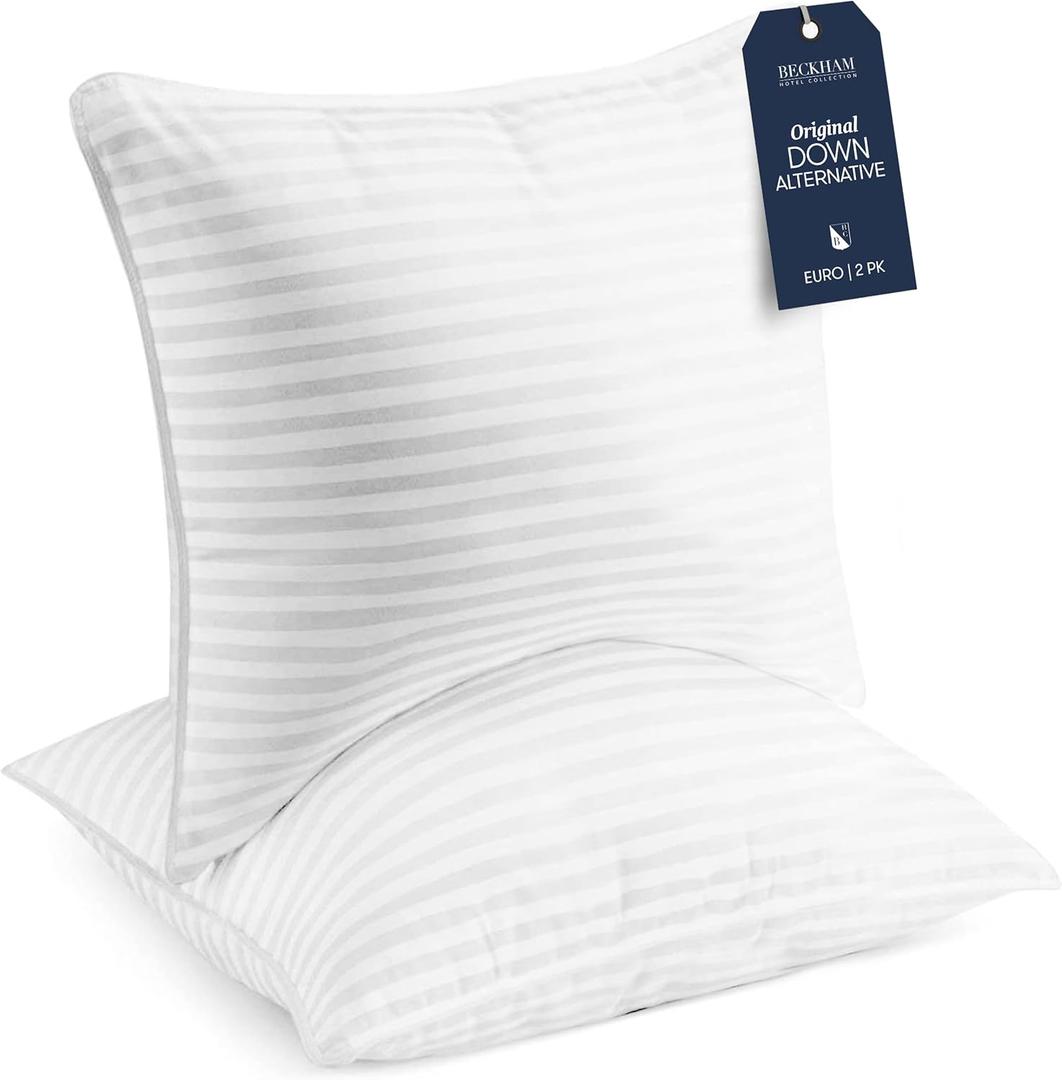Beckham Hotel Collection Euro Size Throw Pillows (Set of 2), 26 x 26 Down Alternative Pillow Insert for Bed, Couch, and Sofa (White)