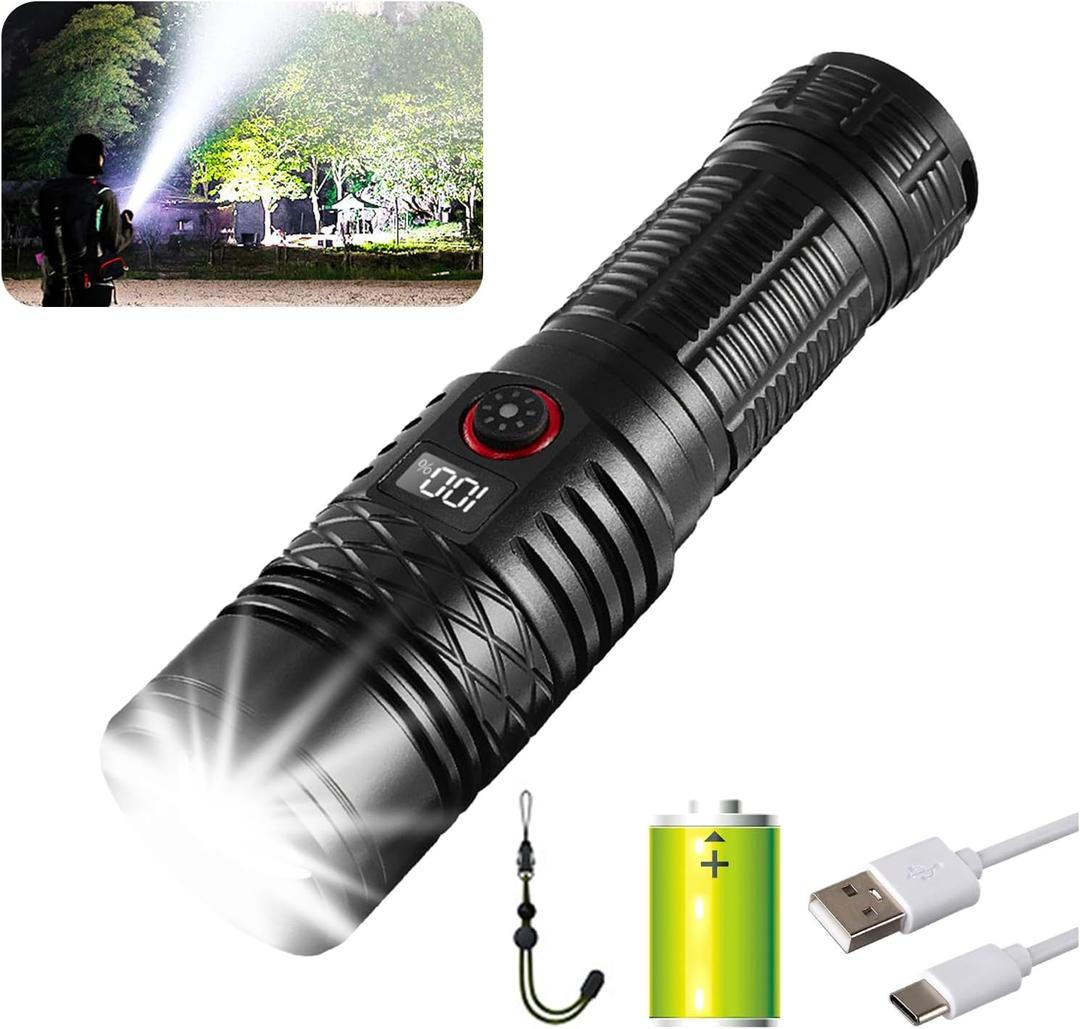Flashlights High Lumens Rechargeable, Super Bright Flashlight, Adjustable Tactical Flashlight 5Mode Waterproof Handheld Flash Light for Emergencies, Camping, Hiking