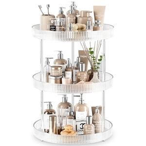 3 Tier Lazy Susan Bathroom Countertop Organizer, 360° Clear Rotating Makeup Cosmetic Perfume Storage Tray, Spinning Vanity Organizer Shelf for Bathroom Cabinet, Dresser, Kitchen(Large)