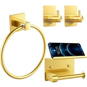 4 Piece Gold Bathroom Hardware Set, Stainless Steel Wall Mounted Towel Hooks, Ring & Oversized Toilet Paper Holder with Shelf, Modern Home Accessories for Bathroom, Washroom, Kitchens and RVs (Gold)